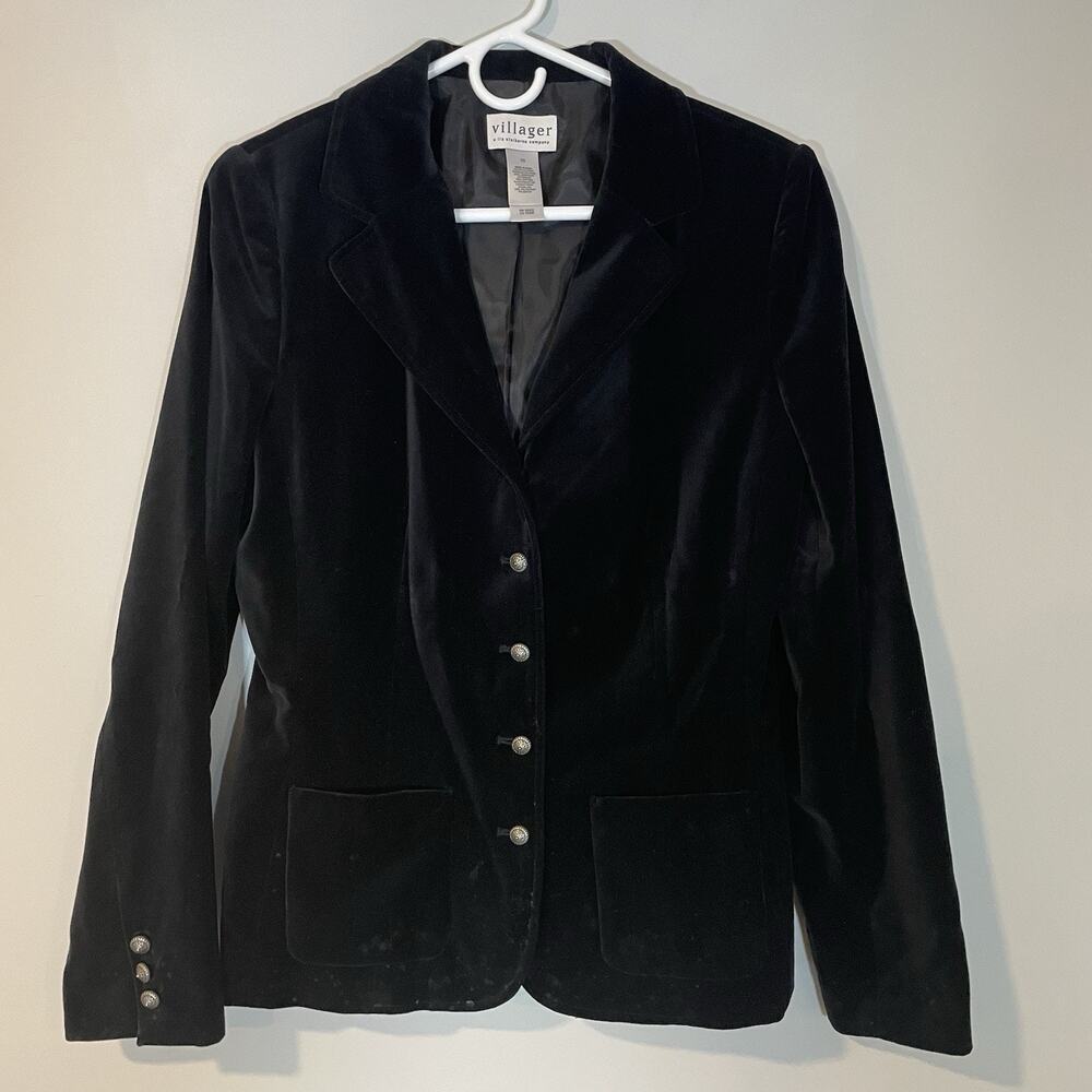 Liz Claiborne Velvet Blazer 4-Button Black Lined Pockets Size‎ 10 Dark Academia